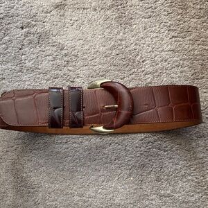 Women’s Italian Cognac Wide Leather Belt with Crocodile Pattern.